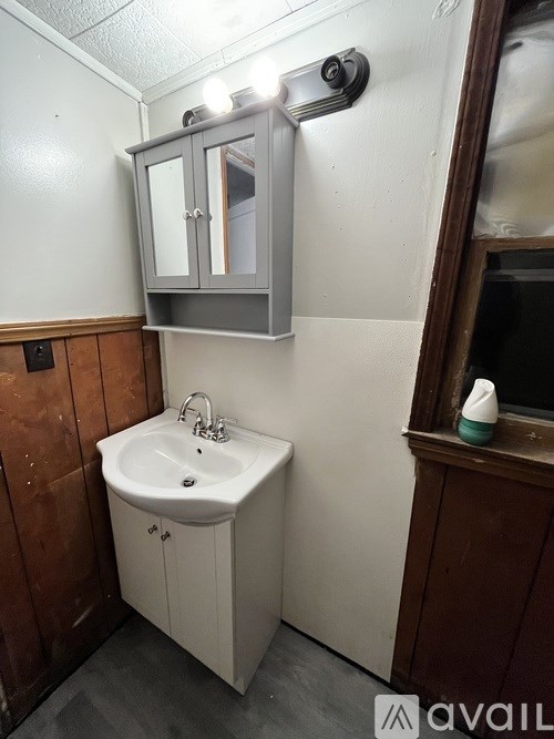 A bathroom with a sink and a mirror.