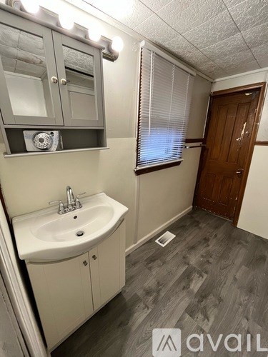 A bathroom with a sink and a cabinet.