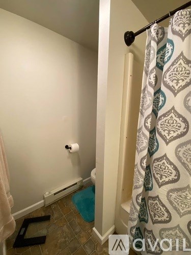 A bathroom with a patterned shower curtain and a blue bath mat.