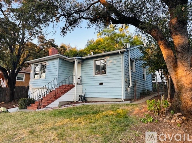 A blue house with a tree in front of it.