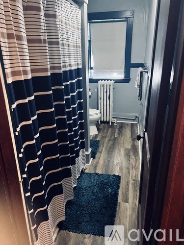 A bathroom with a toilet, a window with a curtain, and a rug on the floor.