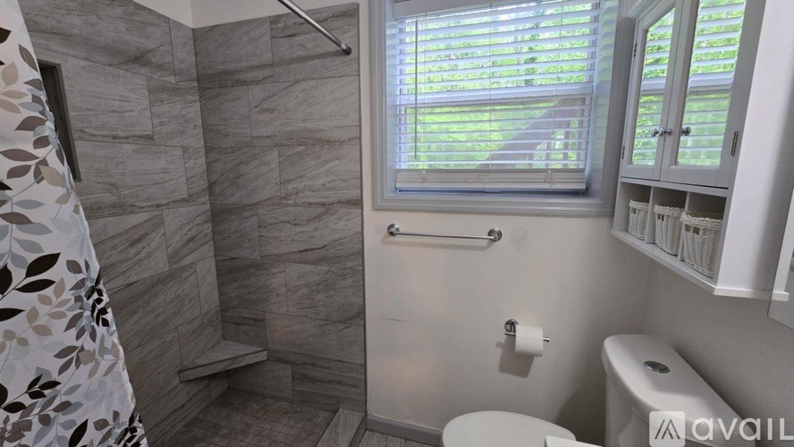 A bathroom with a toilet, a shower, and a window with blinds.