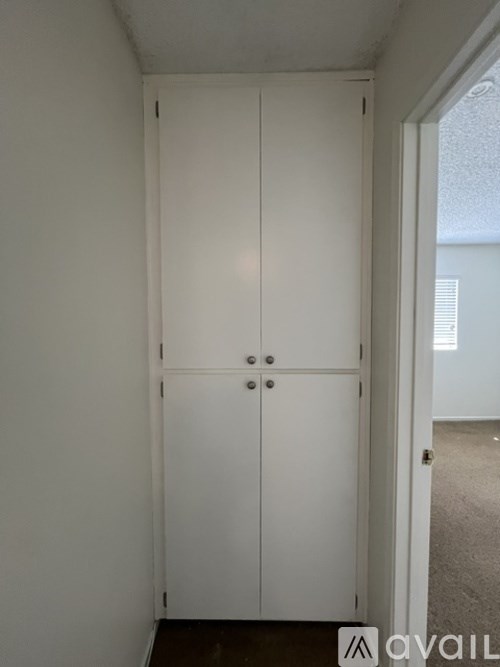 A white cabinet with two doors is in a room.