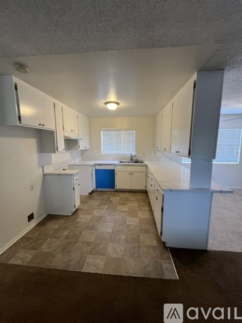 A kitchen with white cabinets and a blue dishwasher.