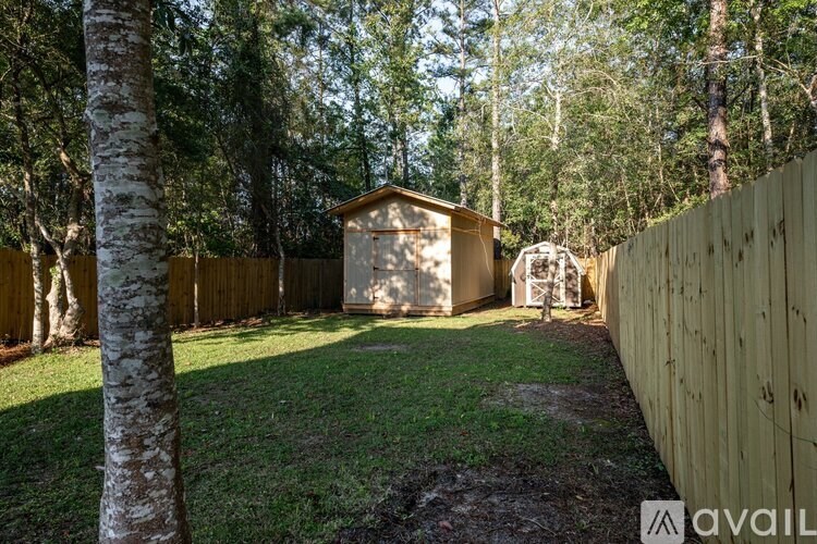 A backyard with a wooden fence and a shed.