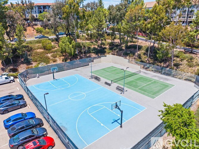 A basketball court is surrounded by a parking lot.