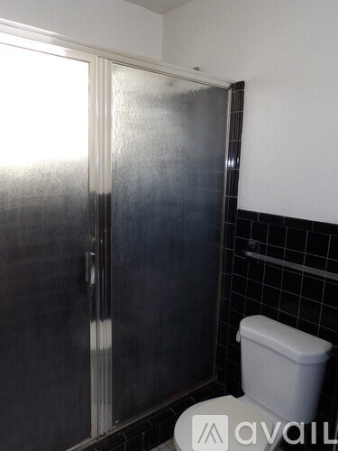 A toilet is in a bathroom with a frosted glass shower door.