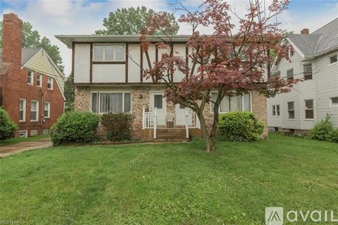 A tree with red leaves stands in a grassy yard in front of a white house.