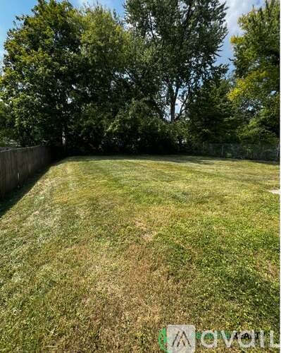 A backyard with a fence and trees.