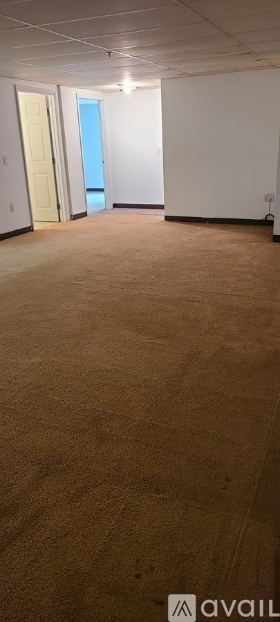 A carpeted room with a door on the left and a window on the right.