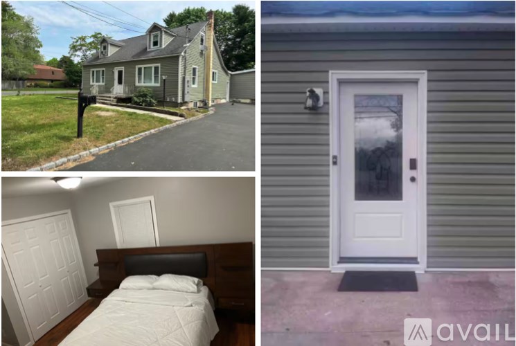 A house with a white door and a bedroom with a bed.