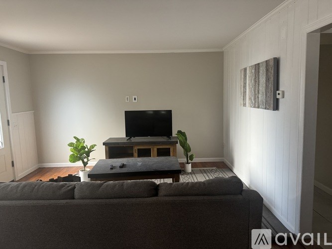A living room with a grey couch and a television.