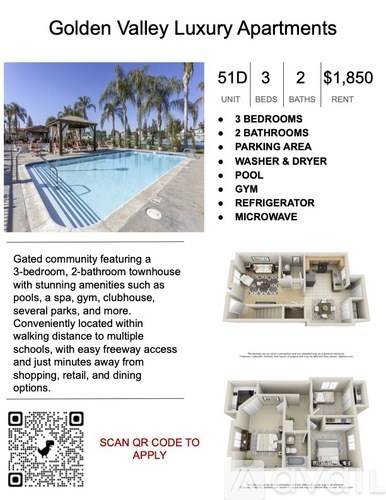 A flyer for Golden Valley Luxury Apartments with a pool and a QR code.
