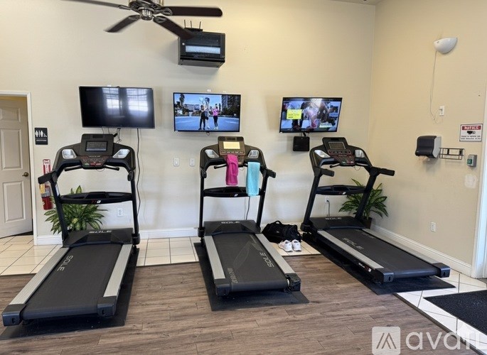 A gym with treadmills, exercise bikes, and television screens.