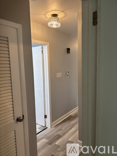 A hallway with a light on the ceiling and a door on the left.
