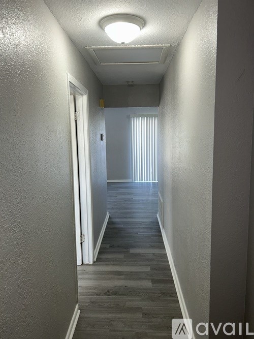 A long, narrow hallway with a light on the ceiling and a door at the end.
