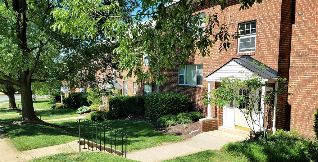 A white house with a black roof is surrounded by greenery.