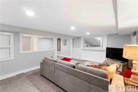 A living room with a grey couch and a television.