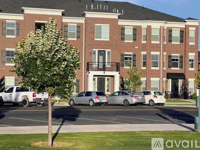 A tree in front of a building with cars parked in front of it.