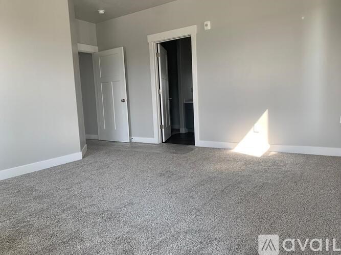 A room with grey carpet and two doors, one of which is open.