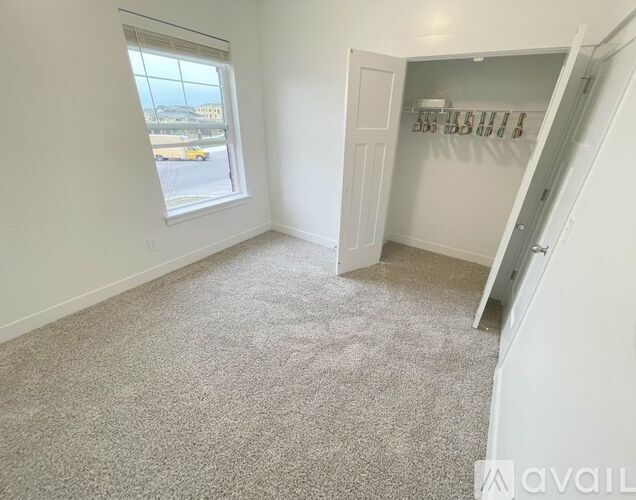 A room with a carpeted floor, a window, and a closet with clothes hanging.