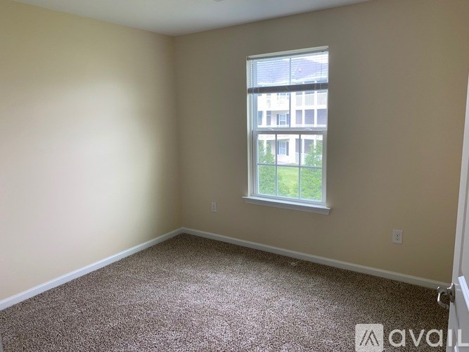 A room with a carpeted floor and a window showing a building outside.