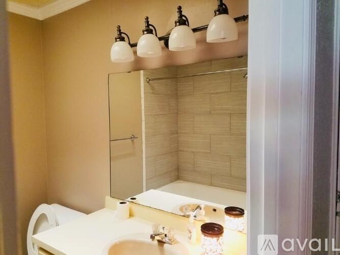 A bathroom with a white sink and a mirror above it.