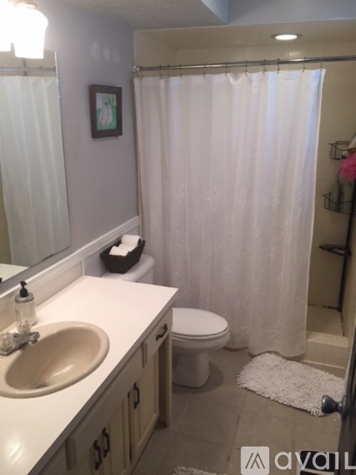 A bathroom with a white shower curtain and a white toilet.