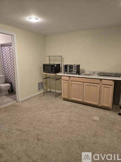 A room with a carpeted floor and a cabinet with a microwave on top.