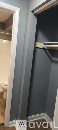 A bathroom with a toilet and a grey wall.