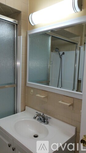 A bathroom with a sink, mirror, and shower.