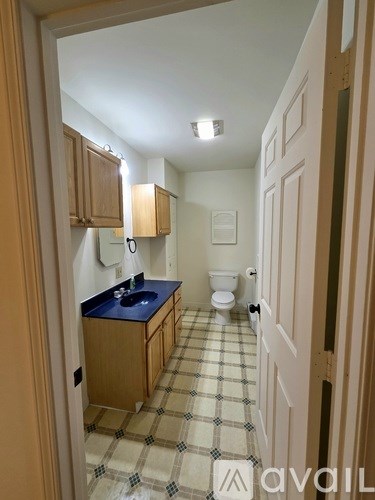 A bathroom with a checkered floor and a toilet.
