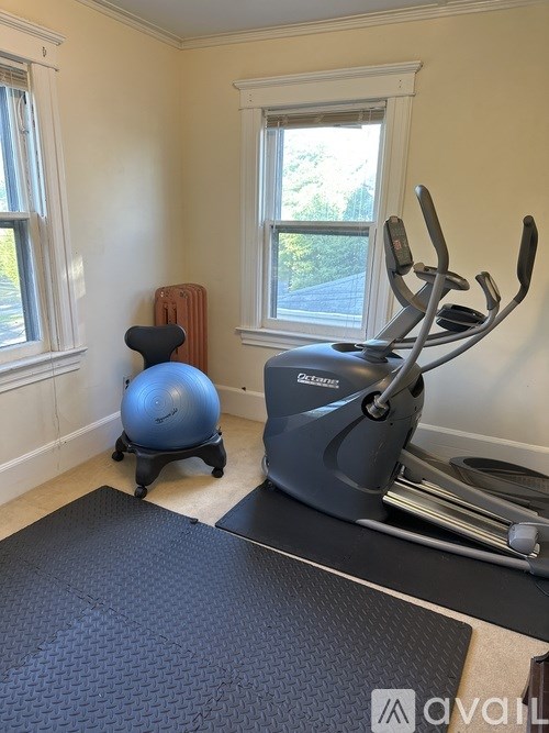 A room with a treadmill, exercise ball, and a heater.