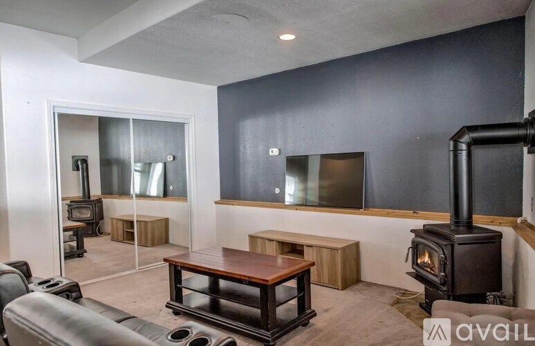 A living room with a wood stove and a television.