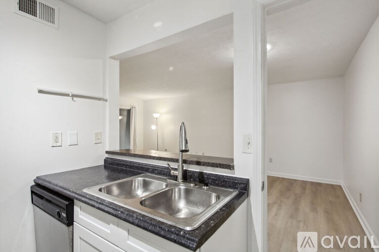 A kitchen with a sink and a mirror.