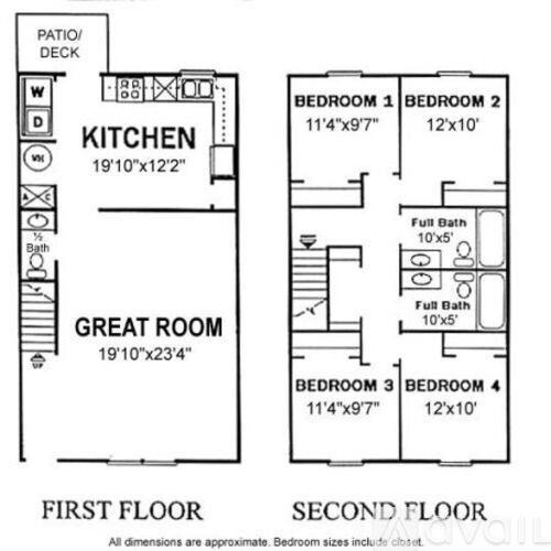 A floor plan of a two-story house with a kitchen, patio, and four bedrooms.