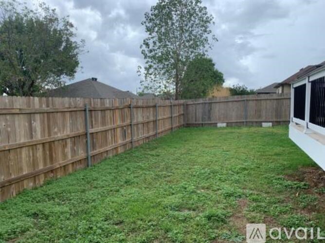 A backyard with a wooden fence and a tree.