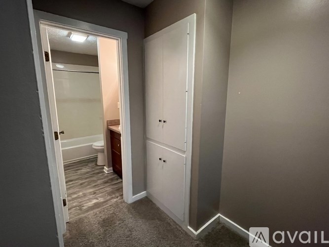 A room with a white door and a white cabinet.