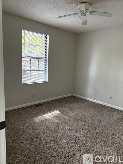A room with a carpeted floor, a ceiling fan, and a window with blinds.