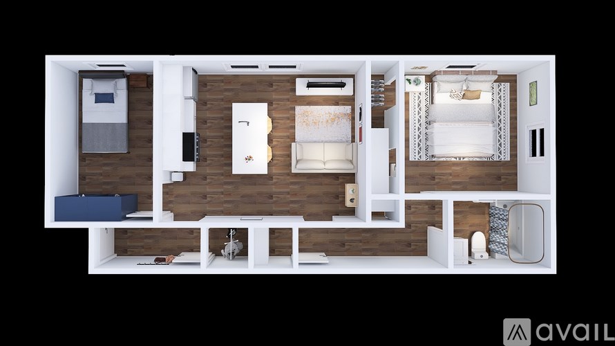A modern, white and wood interior design layout with a kitchen, living room, and bedroom.
