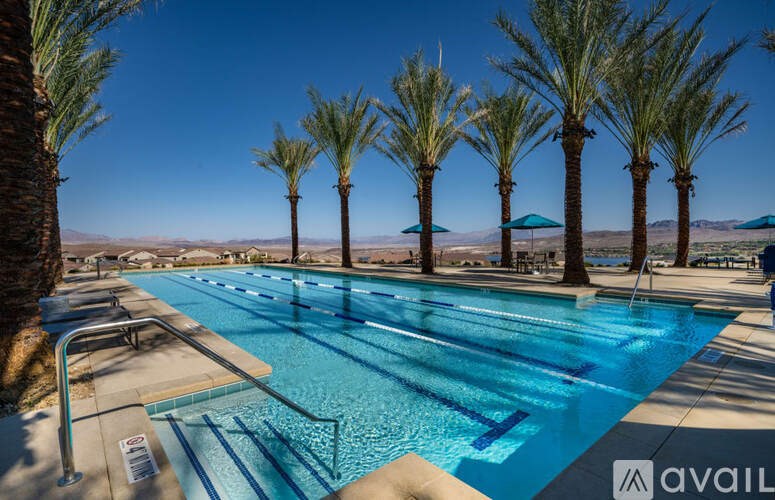 A pool surrounded by palm trees under a clear blue sky.