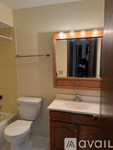 A bathroom with a toilet, sink and mirror.