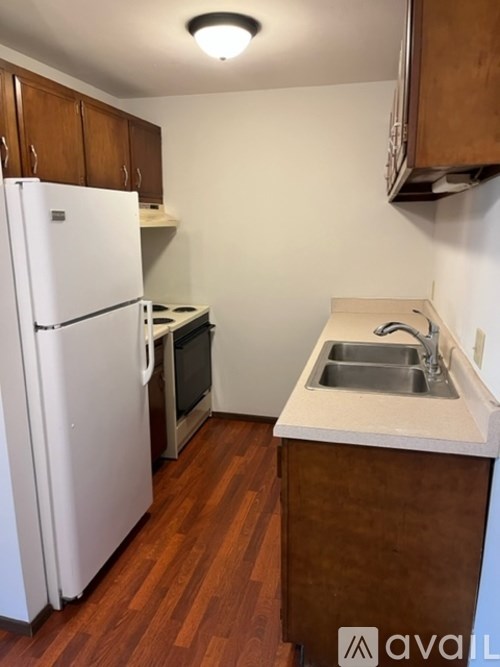 A kitchen with a white refrigerator and a sink.