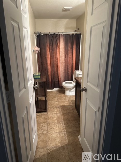 A bathroom with a toilet, sink, and shower curtain.