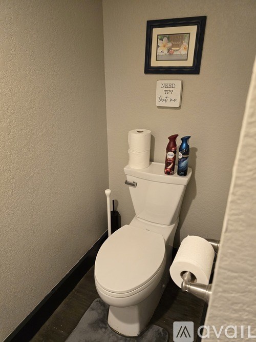 A white toilet with a roll of toilet paper on the side.