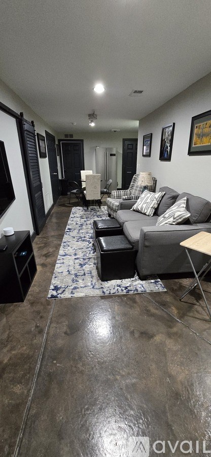 A living room with a grey couch and a patterned rug.
