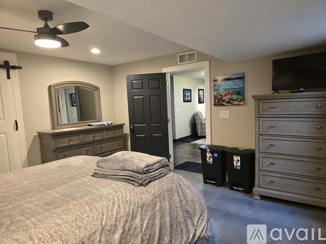 A bedroom with a bed, dresser, and mirror.