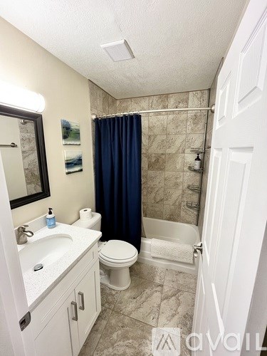A bathroom with a toilet, sink, and shower.