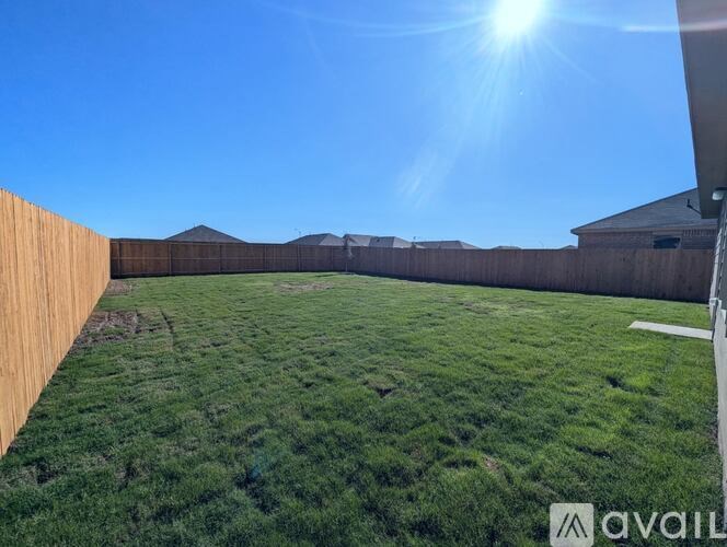 A backyard with a wooden fence and green grass.