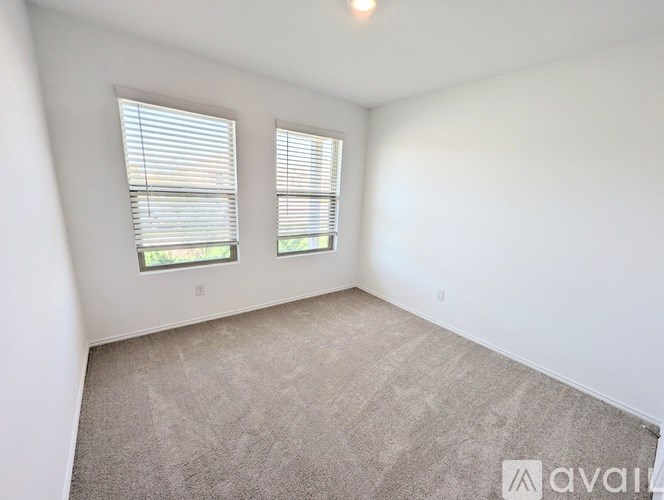 A room with carpeted floor and two windows.